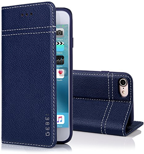iPhone 8 Echt Ledertasche/iPhone 7 Handyhülle 4,7 Zoll, Gebei Kriegsschiff Serie Klapp-Handy Shell Schutzhülle mit unsichtbare Magnetknopf für iPhone 8/iPhone 7 (Blau)