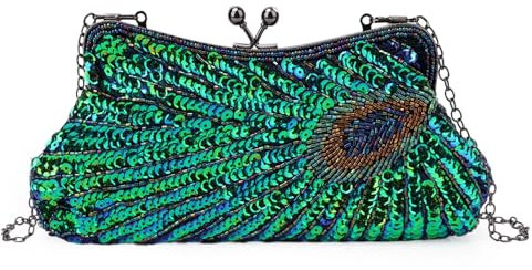 LUI SUI Vintage Clutch Paillette Pfau Ungewöhnliche Antike Perlen Paillette Abend Handtasche