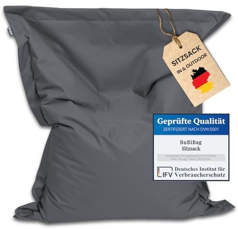 BuBiBag Riesen Sitzsack XXL mit Füllung, Outdoor Sitzsäcke für Kinder und Erwachsene, Beanbag mit waschbarer Bezug & wetterfest (Anthrazit 190x145cm)