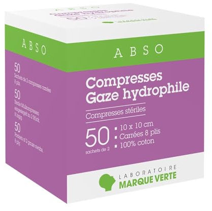 Impacchi di garza idrofila 10 x 10 cm x 50 bustine di 2 Abso Marca Verde