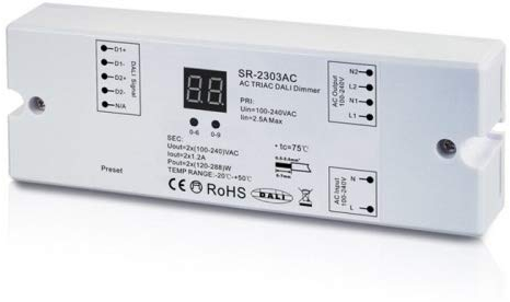 SR-2303AC 230V DALI Controller 2-Kanal Dimmerpack 2x1,2A - Flexibler und leistungsstarker DALI Dimmer/Decoder 1- oder 2-Kanal Betrieb, Triac-Steuerung geeignet für alle dimmbaren 230V Leuchtmittel