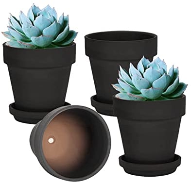 vensovo 15CM Black Terracotta & Clay Pots for Plant with Saucer - 4 Pack Medium Terra Cotta Planter with Drainage Hole, Flowerpot for Indoor Outdoor Plants, Crafts, Wedding Favor