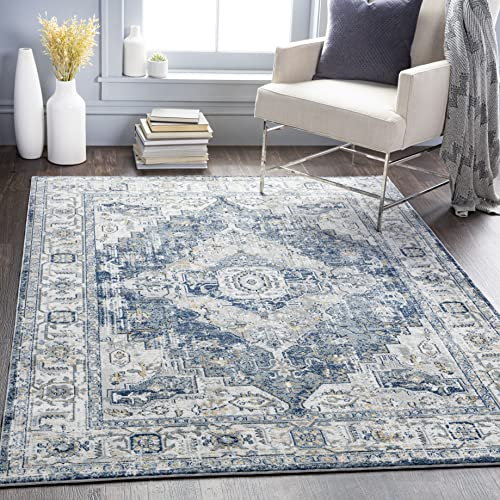 Livabliss London Vintage groß - Orientalischer Wohnzimmer 160x220 cm, Esszimmer, Schlafzimmer - Boho Kurzflor e für einfache Pflege - Blau und Grau