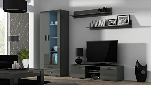 Wohnwand SOHO 11 mit Blauer LED Beleuchtung, Anbauwand, Wohnzimmerschrank, Schrankwand, Vitrine, Lowboard, Hängeregal (Grau/Grau Hochglanz)