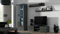 Wohnwand SOHO 11 mit Blauer LED Beleuchtung, Anbauwand, Wohnzimmerschrank, Schrankwand, Vitrine, Lowboard, Hängeregal (Grau/Grau Hochglanz)