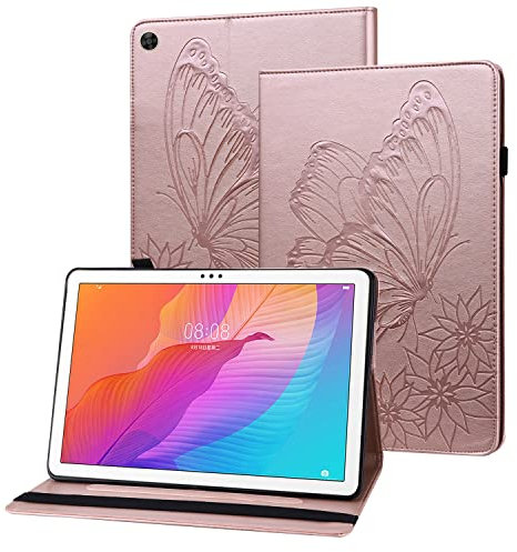 Rostsant Funda Huawei Matepad T10 / T10s Carcasa de Cuero PU Relieve de Mariposa con Soporte para Bolígrafo Funda Tableta para Huawei Matepad T 10 9.7 Pulgada/Matepad T 10s 10.1 Pulgada - Oro Rosado