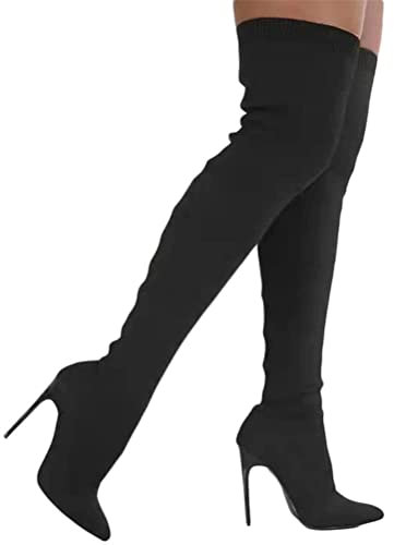 ORANDESIGNE Donna Stivali Lunghi Lavorati a Maglia Moda Casual Stivali Lavorati a Maglia di Colore Puro Stivali con Tacco Alto Elasticizzati Stivali Senza Lacci B Nero 40 EU