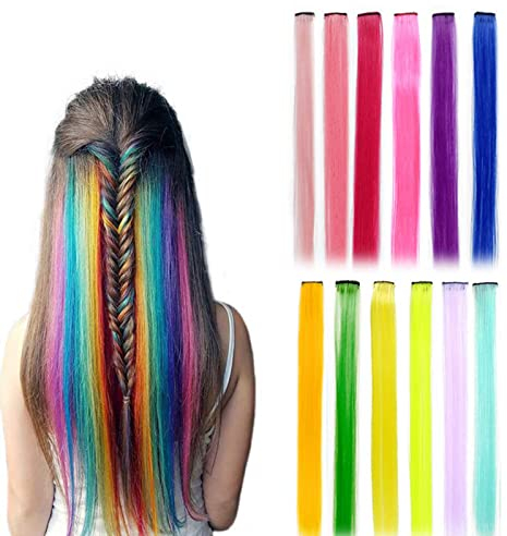 12 Stück Farbiger Haarverlängerungs Clip, Bunte Gerade Haarteil Perücke Party Highlight für Mädchen, Damen Strähnchen Clip
