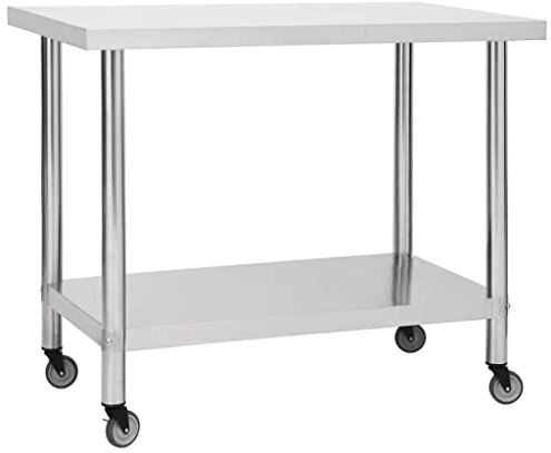 vidaXL Mesa de Trabajo para Cocina con Ruedas Preparación de Comida Hostelería Garajes Banco Restaurante Escuela Comercial Acero Inox 100x45x85 cm