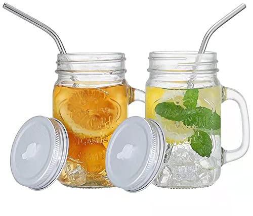YSJILIDE Trinkgläser mit Deckel und Strohhalm, Mason Jar Trinkglas 2er, Cocktail Gläser Glasbecher,Einmachgläser mit Henkel für Wasser, Kaffee, Cocktail, Soda, Geschenk