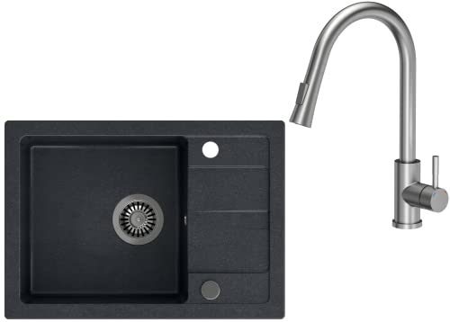 VBChome Fregadero Esquina Frente Visto con grifo, color negro, 62 x 44 cm, de granito, superficie de goteo, reversible, fregadero compuesto de acero inoxidable + sifón.