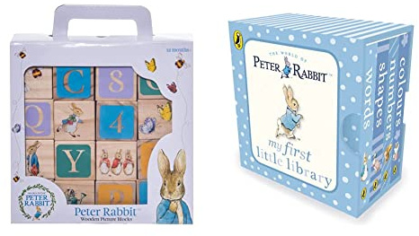 Rainbow Designs Official Peter Rabbit Wooden Building Blocks - Early Development Activity Toys for Toddlers - Beatrix Potter Stacking Bricks Peter Rabbit My First Little Library