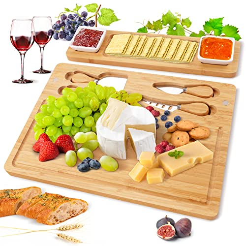 Käsebrett aus Bambus mit Käse Werkzeugen, charcuterie Board, Käseplatten-Set, Serviertablett für Weincracker, Brie und Fleisch, Bambusheber, Einzugsgeschenk für Leckereien und Weihnachten