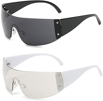 YAMEIZE Trendy Y2K Wraparound Sunglasses - for Women Men Rimless Oversized Wrap Around Cycling Eyewear UV400 Protection Personalized Sports Shade Outdoor…, Black+white Champagne