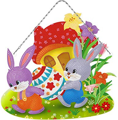 EXQULEG Diamond Painting Kranz Ostern Deko, 5D Diamond Painting Kits, DIY Diamant Painting Anhänger Hase Ostereier mit Hängekette, Diamant Malerei Bilder für Wand Und Eingang Dekoration (YH311)