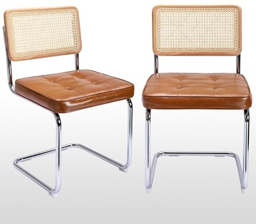 Zesthouse Natural Rattan Dining Chairs Set of 2, Modern Dining Room Chairs with Solid Wood Back for Kitchen Living Room, Mid Century Breuer Design Inspired, Upholstered Faux Leather Brown