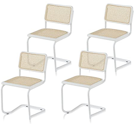 KHG 4er Set Schwingstühle Freischwinger weiß - Rückenlehne und Sitzfläche aus Massivholz Buche und Rattan - Esszimmerstuhl, Küchenstuhl Design Stuhl mit Wiener Geflecht