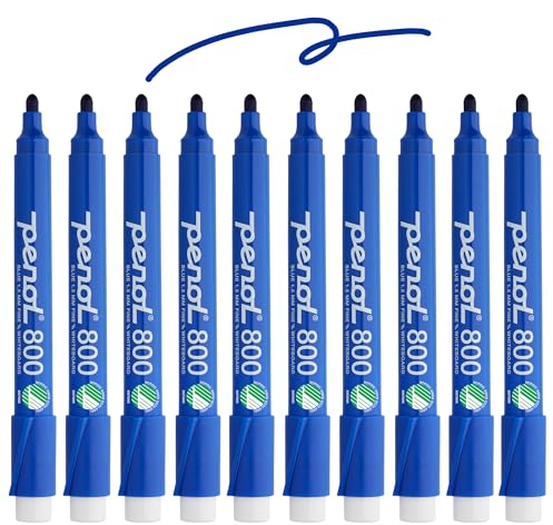 PENOL Whiteboard-Marker, 10 Whiteboard Stifte in der Farbe Blau – 800, 1,5 mm Rundspitze, Trocken Abwischbarer Marker mit Nordic Swan Ecolabel, Geruchlose Folienstifte für Büro und Schule