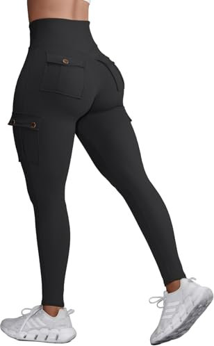 Nuofengkudu Push up Taille Haute Leggings Sport pour Femmes Elastique Opaque Doux Collant Pantalon avec Poche Cargo Fitness Running Jogging Sport Workout Yoga Pants Y-Noir 2XL