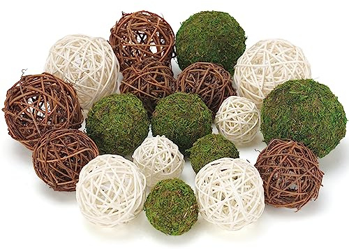 USMOLA 18Pcs Decorative Balls for Centerpiece Bowl - 6Pcs Fake Moss Balls + 12Pcs Rattan Wicker Balls, Artificial Moss Decorative Balls Vase Fillers for Home Garden Wedding Party Decor (Rustic)