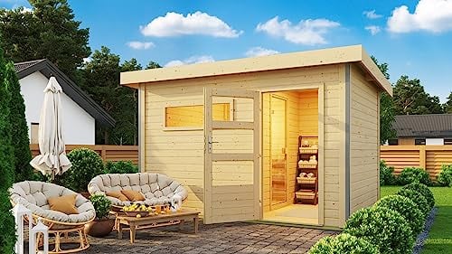 Chillroi® Karibu Saunahaus Helmi Gartensauna Outdoor Dampfkabine naturbelassen/terragrau optional mit Saunaofen (Naturbelassen mit 9KW Bio-Kombiofen)