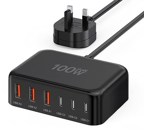 USB C Charger, 100W Multi USB Desktop Charger, Type C 6-Port GaN USB C Fast Charger, Portable USB Travel Charging Station Compatible with iPad iPhone 16 15 14 13 12 Pro Max Pixel Note Galaxy 5ft Cord