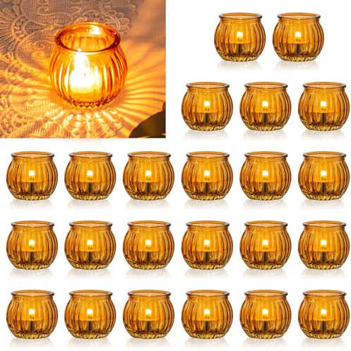 NUPTIO Porte-Bougies à Réchaud en Verre 24 Pièces - Porte-Bougies à Réchaud Strié Bougeoirs Votifs Elégants pour Salon Bougies de Table Table d'anniversaire Centre de Table