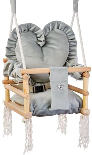 Love Gifts® Babyschaukel aus Holz hochwertig und geeignet als indoor Schaukel, montierbar an der Decke sowie im Türrahmen, Herz-Grau, Made in EU