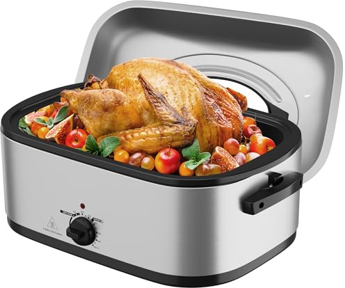 Sunvivi Electric Roaster Oven with Visible Self-Basting Lid, 24 Quart Turkey Roaster Oven with Removable Pan and Rack,Stainless Steel,Silver