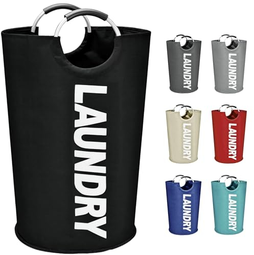 90L Collapsible Laundry Basket, Double Layer Fabric Laundry Bags with Aluminum Handle, Foldable Free standing Laundry Hamper, Laundry Bin for Clothes Storage Toys in Bedroom Bathroom (Black)