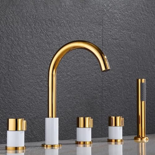 XJTNLB 5-Loch Wannenrandarmatur Badewannenarmatur mit Brause, Mischbatterie Badewanne Duschbatterie Modern Gold+Weiß
