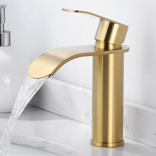 ARCORA Robinet de Lavabo pour Salle de Bain, Bec Cascade, Mitigeur Robinet d’évier Monocommande Poignée Unique, Faible Bruit, Or…