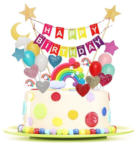 JSTC Tortendeko Happy Birthday Torten Deko Mädchen, 20 Stück Cake Topper Geburtstag Regenbogen, Kuchendekoration Kuchendeko mit Sternen Liebe Luftballons für Kindergeburtstag.