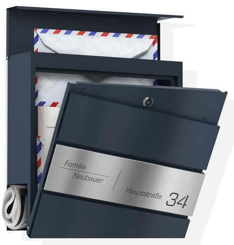 Graviers Design Cassetta delle lettere con scomparto per giornali in antracite RAL 7016 – incisione laser diagonale cassetta postale personalizzata in acciaio inox nome strada numero civico – cassetta