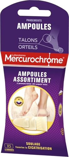MERCUROCHROME - Assortiment pansements ampoules - 5 unités - 3 formats - Technologie Hydrocolloïde - Facilite la cicatrisation - Protège la zone de frottements - Effet seconde peau