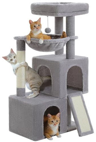 PETEPELA Árbol rascador de 104 cm con 2 espaciosas cuevas para gatos de casa, casa para gatos con cómoda hamaca de 40 cm, barra acolchada, almohadilla para rascar y pelota de juego extraíble, color