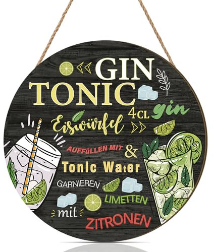 CHDITB Cocktail Schild Gin Tonic,Cocktail Rezept Holzschild,Gin Tonic Deko Bar Küche Kneipe Pub Theke,Vintage Cocktail Bar Wanddeko für Bar Pub Restaurants Küche, Geschenk für Bar Besitzer