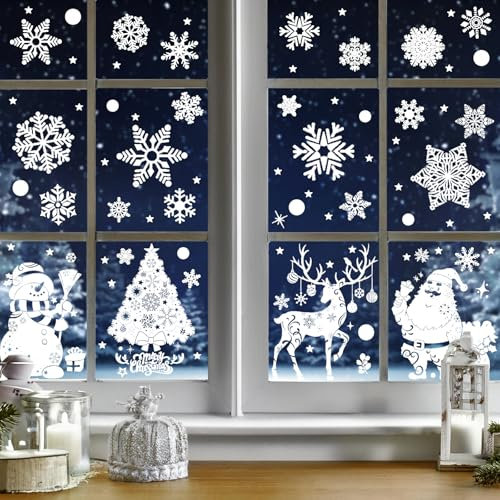 Zindoo Decoration Noel Stickers Noel Fenetre 219 Pcs Père Noël Blanc Réutilisable Impression Recto-Verso Electrostatique Autocollant Noel Fenetre Intérieur Deco Noel pour Fenêtre Porte Miroir