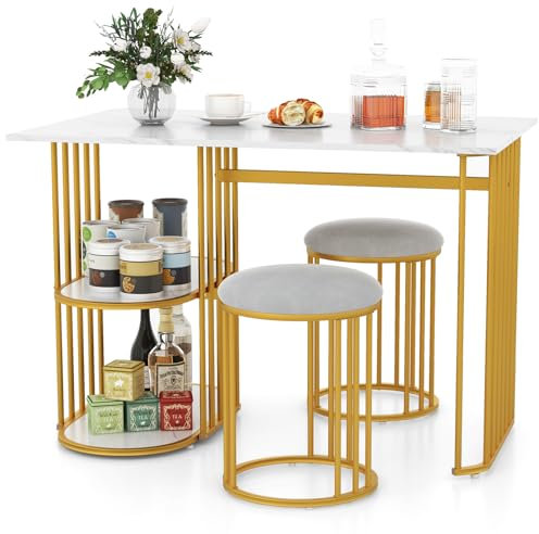 COSTWAY 3 Piece Dining Table Set, Marble Effect Bar Table and Stools with 2-tier Storage Shelf & Upholstered Seat, Metal Frame Kitchen Table Chairs Sets Furniture for Bistro Dining Room