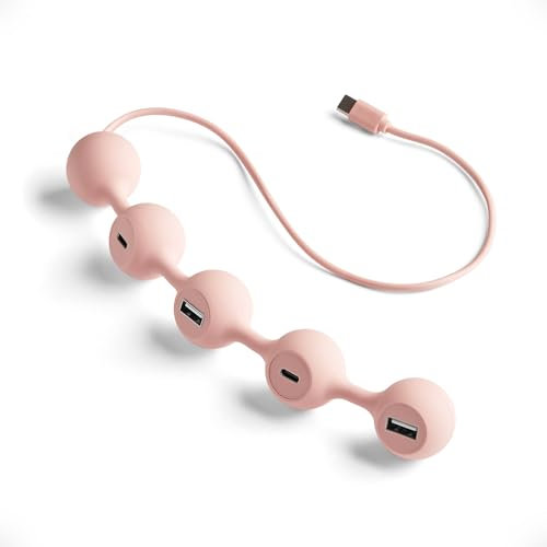 Peas HUB Adaptateur USB C Lexon, Multiport USB avec 2 Ports USB-A et 2 Ports USB-C, Charge et Transfert de Données pour Ordinateur, Tablettes, Smartphones, Protection Anti-Surchauffe - Rose Doux