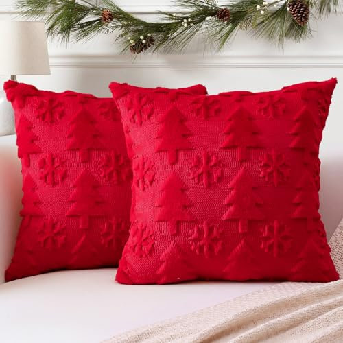 Artscope 2er Set Wolle Kissenbezüge Weicher Plüsch Kurzer Wollsamt Dekokissenbezuge Sofakissen Europäische Kissenhülle für Sofa Schlafzimmer Weihnachtsbaum und Schneeflocke Rot, 50x50cm