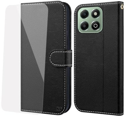 NP-Caser Handyhülle für Honor 200 Smart Hülle [mit Panzer Schutz Glas], Premium Lederhülle mit Kartenfächern [Klappbar Flip case] [Standfunktion] Handy Schutzhülle für Honor 200 Smart, Schwarz