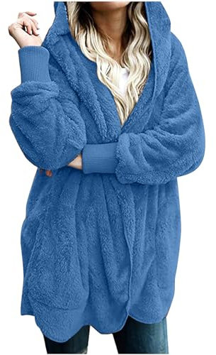 Fleece Lined Hoodie Womens Warm Teddy Bear Fluffy Coat Ladies Hooded Fleece Jacket Long Plain Cozy Fuzzy Sherpa Front Open Warm Plush Cardigan