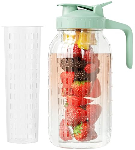 JunVpic Fruit Infuser Water Pitcher,Glass Mason Jar Pitcher,64oz(2 Quart) Wide Mouth Jug with Pour Spout Handle Lid for Fruit Drinks,Cold Brew Coffee,Ice Beverage,Iced Juice,Lemonade,Sun Tea Container