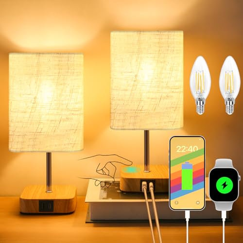 Touch Bedside Table Lamp Set of 2, Dimmable Touch Control Nightstand Lamps with USB-C&USB-A Charging Ports,Small Lamp Wood Base Beige Flaxen Fabric Shade for Bedroom,Living Room,Dimmable Bulb Included