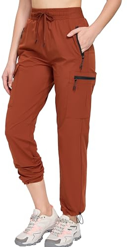 Oalka Women's Hiking Pants Water Resistant Quick Dry Knit Waist Cargo Pockets Pants Caramel XXL