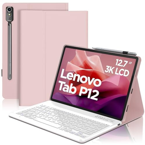 SENGBIRCH Keyboard Case for Lenovo Tab P12 12.7 2023 - UK Layout Bluetooth Wireless Detachable Keyboard, Protective Cover for Lenovo Tab P12 12.7 inch (TB371FC), Light Pink