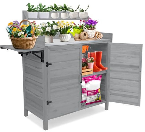 Kalolary Garden Potting Table Wood Planting Workbench Planter Bench Table with Cabinet Foldable Garden Table Aluminium Alloy Surface Workstation for Outdoor Patio Balcony Yard Lawn (Gray)