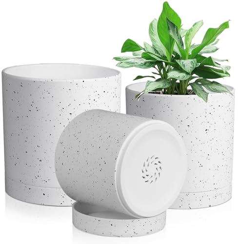 Homeuouz 3 Packs Blumentopf mit Untersetzer, 15.2cm/12.7cm/10.7cm Pflanzentopf, Plastik Übertopf, Hydrokultur Topf, Blumentöpfe Set Ideal für Innen und Balkongärten, Weißes Spray