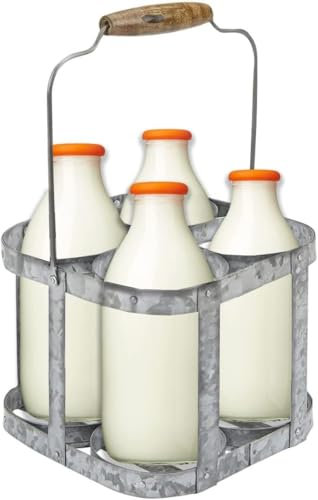 Abaseen Galvanized Milk Bottle Holder | Vintage 4 Bottle Doorstep Crate Carrier with Handle | Metal Storage Rack for Milk, Soda, Beer & More | 7.75 x 7.75 x 6.25